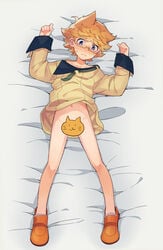 1boy blonde_hair blush bottomless censored glasses lying majestic_prince male_only novelty_censor okz on_back on_bed suruga_ataru tagme tail