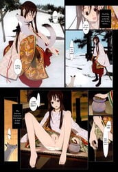 comic doujinshi female fox hard_translated highres honey okama original pussy snow spread_legs translated winter