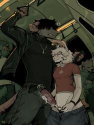 absurd_res anthro ash_(plaguerat) bodily_fluids bottomwear clothed clothing cum cum_in_clothing cum_in_pants doug_(plaguerat) duo exhibitionism female genital_fluids genitals handjob hi_res lagomorph leporid male male/female mammal murid murine pants penile penis plaguerat precum public public_sex public_transportation rabbit rat risky rodent sex subway train vehicle