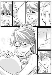 1boy admiral_(kantai_collection) breast_sucking comic female houshou_(kantai_collection) kantai_collection kobamiso_(kobalt) long_hair monochrome nipples ponytail tied_hair