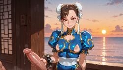 1boy ai_generated blue_dress bracelet breasts brown_eyes brown_hair bun_cover china_dress chinese_clothes chun-li closed_mouth cloud double_bun dress earrings erection eyeshadow female hair_bun handjob horizon jewelry juliaverseai large_penis lips looking_at_viewer makeup medium_breasts nipple_slip nipples ocean outdoors penis precum precum_drip puffy_short_sleeves puffy_sleeves sash short_hair short_sleeves sky smile solo_focus spiked_bracelet spikes straight street_fighter street_fighter_6 sun sunset uncensored upper_body veins veiny_penis water