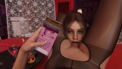 16:9 2girls ada_wong artist_request blue_eyes brown_hair capcom claire_redfield crotchless_pantyhose cunnilingus female female_only female_pov head_between_thighs hi_res highres indoors on_bed pantyhose phone phone_call phone_screen pov pussy resident_evil resident_evil_2 resident_evil_2_remake shaved_pussy smartphone source_request tongue_out yuri