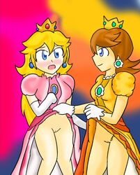 beige_skin clothes dress edit elbow_gloves female feral flying gloves human interspecies mario_(series) multiple_females nintendo on_one_foot princess_daisy princess_peach size_difference skirt_lift standing xero-j