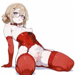 ai_generated blue_eyes braided_bangs bubble_butt collar corset czero2011 digital_media_(artwork) female_pubic_hair girls'_frontline girls'_frontline_2:_exilium gloves hair_between_eyes hair_rings lace-trimmed_thighhighs lace_corset lace_gloves lace_lingerie lace_stockings lace_underwear leaning_back light_brown_hair mp5_(girls'_frontline) pale-skinned_female pale_skin peri_(girls'_frontline_2) perky_breasts petite_female pinup plump_lips plump_thighs presenting_pussy pubic_hair puffy_nipples puffy_pussy red_gloves red_lingerie red_stockings round_glasses showing_pussy sidelocks simple_background skindentation small_breasts solo_female spread_legs stockings