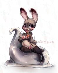 anthro areola blush bra breasts disney female judy_hopps lagomorph mammal medium_breasts nipples pregnant pussy rabbit solo stockings xepxyu zootopia