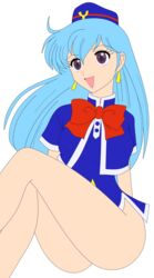 absurdres aqua_hair breasts female female hat highres hips legs legs_crossed long_hair miniskirt no_panties photoshop purple_eyes short_dress simple_background smile solo stewardess tenjouin_katsura thighs vector_trace yat_anshin_uchuu_ryokou