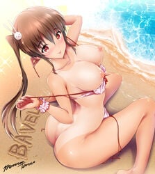 ass bare_shoulders beach bikini breasts brown_hair bunny_hair_ornament female hair_ornament large_breasts looking_at_viewer maruwa_tarou nipples original red_eyes smile solo swimsuit tan tanline tied_hair twintails untied untied_bikini water wrist_cuffs