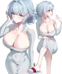 absurdres bare_shoulders blue_eyes blue_nails blush breasts cleavage closed_mouth collarbone commentary covered_navel crossed_legs dongtan_dress dress english_commentary feet female flying_sweatdrops grey_dress grey_hair hair_between_eyes hair_intakes hand_in_own_hair hand_up highres invisible_chair large_breasts legs long_dress long_hair long_sleeves looking_at_viewer looking_to_the_side multiple_views nail_polish open_mouth original ponytail rashford sandals short_ponytail sidelocks simple_background single_bare_shoulder single_off_shoulder sitting smile standing sweat toenail_polish toenails toes turning_head white_background