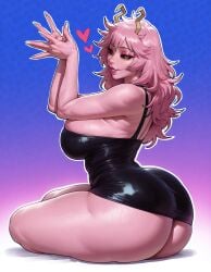 ai_generated mnemosynekoto patreon_reward tagme 1girls solo solo_focus solo_female mina_ashido my_hero_academia pink_skin pink_hair black_dress looking_at_viewer long_hair horns pink_lipstick dark_eyes sitting sitting_on_ground side_view large_ass looking_to_the_side smiling smiling_at_viewer heart hearts_around_head