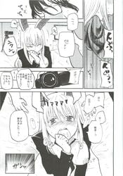 absurdres camera comic coughing cum doujinshi embarrassed female glasses highres miya9 monochrome nipples reisen_udongein_inaba scan text touhou translation_request