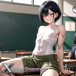 2boys ai_assisted ai_generated bare_shoulders black_hair blurry blurry_background blurry_foreground blush breasts bulge chalkboard classroom covered_nipples depth_of_field desk ear_piercing earrings eyebrows_visible_through_hair focused indoors jewelry looking_at_viewer motion_blur multiple_boys multiple_girls nipples on_desk piercing school_desk see-through short_hair shorts sitting sitting_on_desk smile solo_focus stud_earrings table tank_top