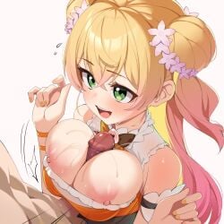 1boy :d blonde_hair bodice breasts commentary crossed_bangs detached_sleeves double-parted_bangs double_bun english_commentary female frilled_shirt frills gradient_hair green_eyes hair_between_eyes hair_bun highres hololive large_breasts long_hair momosuzu_nene momosuzu_nene_(1st_costume) multicolored_hair nipple_slip nipples open_mouth paizuri paizuri_under_clothes penis pink_hair shirt short_sleeves side_up_bun simple_background sleeveless sleeveless_shirt smile solo_focus straight teeth two_side_up upper_teeth_only virtual_youtuber yuyu5x