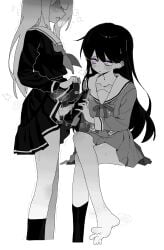 1futa 1girl absurdres bang_dream! bang_dream!_it's_mygo!!!!! black_hair black_socks blunt_bangs blush buttons clothes_lift commentary double-breasted dress erection futa_sans_balls futa_with_female futanari greyscale hanasakigawa_school_uniform hashtag-only_commentary highres holding holding_legwear holding_unworn_clothes kneehighs long_sleeves mcwanderer mole mole_under_eye monochrome motion_lines multiple_girls neck_ribbon neckerchief no_eyes open_mouth penis pleated_skirt puff_of_air purple_eyes ribbon sailor saliva school_uniform shaded_face shiina_taki simple_background single_bare_foot single_kneehigh single_sock skirt skirt_lift socks spot_color sweatdrop tsukinomori_school_uniform twitching wakaba_mutsumi white_background