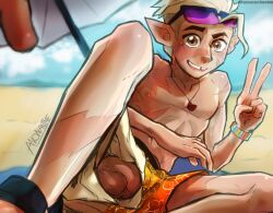 balls ballsack beach beach_background beach_towel commando horawr hunter_(the_owl_house) male_only no_underwear solo tagme testicles the_owl_house