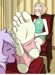 5_toes ai_generated amethyst_(steven_universe) blush cartoon cartoon_network feet female female/female foot_fetish foot_lick foot_worship greek_toe humanoid_feet licking pearl_(steven_universe) plantigrade saliva soles steven_universe stirrups toes tongue tongue_out