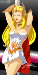 blonde_hair blue_eyes cleavage female lipstick long_hair looking_at_viewer masters_of_the_universe pole princess_adora she-ra she-ra_princess_of_power signature skirt solo stiky_finkaz text tiara wink