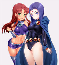 2girls akira_(natsumemo) bare_shoulders belt bodysuit boots breasts cape cloak clothing dc dc_comics female female_only forehead_jewel fully_clothed gloves green_eyes grey_skin hourglass_figure leotard long_hair medium_breasts midriff multiple_girls navel open_mouth outerwear purple_eyes purple_hair rachel_roth raven_(dc) red_hair short_hair simple_background skin_tight smile starfire straight_hair teen_titans thighhighs