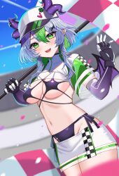 1girls belly big_breasts bikini blush breasts cap cleavage cowboy_shot dutch_angle earrings elbow_gloves fangs female female_only froot gloves green_eyes green_hair grey_hair hairclip happy holding_object holding_umbrella horns horns_through_headwear indie_virtual_youtuber jacket kuwahara_taiki looking_at_viewer medium_breasts midriff miniskirt multicolored_hair navel open_mouth pale-skinned_female pale_skin pointy_ears race_queen revealing_clothes short_hair short_sleeves sideboob skimpy_clothes slim_waist smile solo stomach thick_thighs thighs tummy umbrella underboob virtual_youtuber vtuber waving wings