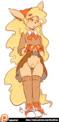 2015 anthro black_nose blonde_hair blush cinnamon_swirl clothed clothing duckdraw eeveelution female female_focus female_only fingerless_gloves flareon footwear fur furry furry_only gloves hair knee_socks legwear long_hair nintendo no_panties open_mouth original original_character patreon pokémon_(species) pokemon pubes pussy shirt shoes simple_background skirt skirt_lift socks solo text video_games watermark white_background