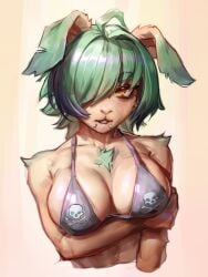 1female 1girls bangs bangs_over_one_eye big_breasts bikini bikini_top breasts breasts_focus emo female furry furry_ears furry_female furry_only green_hair leafeon piercing piercings pokemon pokemon_(species) shiragato yellow_eyes yellow_fur