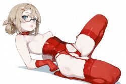 ai_generated blue_eyes braided_bangs bubble_butt collar corset czero2011 digital_media_(artwork) girls'_frontline girls'_frontline_2:_exilium gloves hair_between_eyes hair_rings lace-trimmed_panties lace-trimmed_thighhighs lace_corset lace_gloves lace_lingerie lace_panties lace_stockings lace_underwear leaning_back light_brown_hair mp5_(girls'_frontline) pale-skinned_female pale_skin panties peri_(girls'_frontline_2) perky_breasts petite_female pinup plump_lips plump_thighs puffy_nipples red_gloves red_lingerie red_panties red_stockings red_thong resting_on_elbow round_glasses sidelocks simple_background skindentation small_breasts solo_female spread_legs stockings white_sheets
