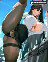 1girls 2025 ai_assisted ai_generated anime artist_name black_hair black_panties black_pantyhose black_skirt breasts hair_ornament hairclip halo hi_res high_quality high_resolution highres large_breasts leg_up long_hair long_sleeves looking_at_viewer panties pantyhose parted_lips patreon patreon_username red_eyes rio_(blue_archive) shirt skirt solo split stable_diffusion standing standing_on_one_leg standing_split underwear very_long_hair watermark white_shirt