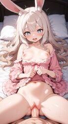 ai_assisted ai_generated blue_eyes breasts_out breasts_out_of_dress bunny_ears bunny_girl holding_up_nightgown nightgown nightgown_lift penis petite_breasts petite_female petitei_body pink_nightgown sex small_breasts tears_of_pleasure vaginal_penetration vaginal_sex white_hair