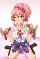 1girls 2boys black_socks breasts brown_loafers erection female gyaru idolmaster idolmaster_cinderella_girls jewelry jougasaki_mika kihou_no_gotoku_dmc knee_socks kneehighs kneesocks kogal large_breasts loafers long_hair male multiple_boys multiple_penises nail_polish penis pink_nails pubic_hair rings shoes skirt socks testicles tongue tongue_out yellow_eyes