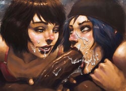 2girls :>= bisexual bukkake chloe_price chris3000 collaborative_fellatio color cum dark-skinned_male dark_skin facial fellatio female female_protagonist girlfriends human interracial life_is_strange male max_caulfield oral sex short_hair small_breasts teamwork uncensored