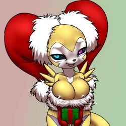 1:1 2019 anthro bandai_namco big_breasts breasts canid canine christmas christmas_clothing christmas_headwear clothing digimon digimon_(species) fan_character fangs female furball gloves handwear hat headgear headwear heterochromia holidays huge_breasts hybrid impmon mammal nipples renamon renimpmon renimpmon_x santa_hat shortstack solo teeth