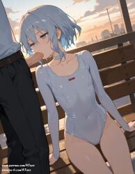 ai_generated bench blowjob blue_eyes choker cloudy_sky date_a_live erection fellatio flat_chest honjou_nia jitome leotard penis pov sunshine uncensored