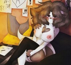 abuse anthro atmospheric_perspective big_tail blush breasts clothing detailed_background empty_eyes felid feline female fur grey_body grey_ears hair legwear lonely looking_at_viewer mammal mouthless multicolored_body multicolored_fur nikelllow nipples paws pink_nipples sad shark_tail small_waist smile smirk solo stockings tail