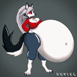 1:1 absurd_res anthro belly big_belly big_breasts breasts canid canid_demon canine cleavage clothed clothing demon female furry grey_background grey_hair hellhound helluva_boss hi_res huge_belly hyper hyper_belly imafetish loona_(helluva_boss) mammal mythological_canine mythological_creature mythology navel red_sclera simple_background solo watermark