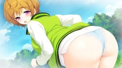 ass axanael bent_over blue_panties blush color dat_ass eyebrows female game_cg ginger_hair highres lace_panties looking_back nitroplus no_pants open_mouth panties purple_eyes short_hair solo sweat thick_eyebrows tsuji_santa underwear watanuki_fuuri