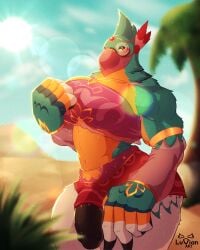 4:5 absurd_res anthro avian beak big_pecs bird blue_body breath_of_the_wild clothed clothing crossdressing digital_media_(artwork) feathers genitals hi_res huge_pecs humanoid_genitalia humanoid_penis kass_(tloz) luvian_art male muscular muscular_male nintendo nude pecs penis rito solo the_legend_of_zelda