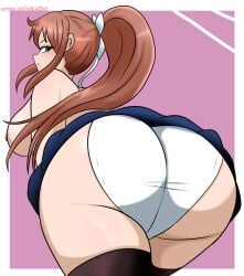 1girls blue_skirt bxblazexd doki_doki_literature_club female female_only female_solo green_eyes monika_(doki_doki_literature_club) panties panties_only ponytail skirt solo solo_female stockings thighhighs topless topless_female white_panties