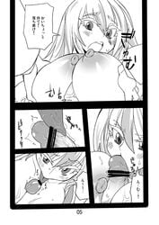 2girls areolae blush breast_squeeze breasts censored fellatio fujiwara_no_mokou futa_with_female futanari intersex keine_kamishirasawa large_breasts licking monochrome multiple_girls nipples oral paizuri penis precum saliva seki_(red_shine) text tongue touhou translation_request