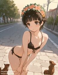 1girls ai_generated bangs black_eyes black_hair blunt_bangs blush bondage cup female female_only flat_chest flower hair_flower hair_ornament hand_on_thigh happy head_wreath navel outdoors outside road short_hair solo squirrel to_aru_kagaku_no_railgun to_aru_majutsu_no_index uiharu_kazari underwear_only young