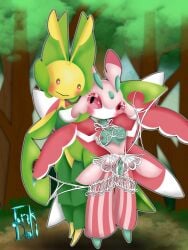 arthropod arthropod_webbing blush bound clothing disguise duo exposed female forest generation_5_pokemon generation_7_pokemon hi_res inkdoll insects lace leavanny lingerie lurantis male mantis nintendo plant pokemon pokemon_(species) romantic tree web_bondage