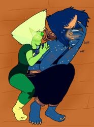 blush blushing_profusely chimeracocks covering_face fully_clothed gem_(species) hiding_face lapidot lapis_lazuli_(steven_universe) licking_gem peridot_(steven_universe) size_difference spooning_position steven_universe touching_gem uncommon_stimulation yuri
