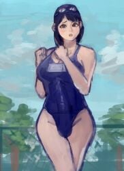 1futa blue_hair brown_eyes bulge bulge_through_clothing erection erection_under_clothes futanari goggles huge_cock kmaro one-piece_swimsuit penis penis_outline solo swimsuit