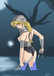 ass bandage blonde_hair breasts from_behind navi nipples ocarina_of_time os7 sheik the_legend_of_zelda torn_clothes water weapons