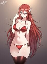 1girls alternate_breast_size arm_behind_back ass_visible_through_thighs bikini blush breasts brown_background brown_thighhighs cleavage cordelia_(fire_emblem) fire_emblem fire_emblem_awakening hand_up highres jarckius large_breasts long_hair looking_at_viewer navel raised_eyebrows red_bikini red_eyes red_hair skindentation solo swimsuit thigh_gap thighhighs thighs very_long_hair wing_hair_ornament