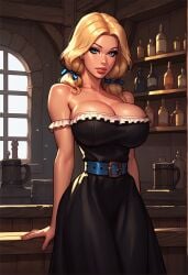 ai_generated bathrobe big_breasts black_dress blonde_hair dress female female_only huge_breasts seneca_custer stable_diffusion standing tavern theofficialpit_(style) twintails wild_west