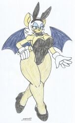 anthro anthro_female anthro_only bat_girl bat_wings beige_body beige_fur big_breasts big_hips blue_eyes bunnysuit bunnysuit_rouge_(trend) floating furry furry_female furry_only hand_on_hip looking_at_viewer makeup marlon64 mobian_(species) rouge_the_bat solo_female sonic_(series) traditional_drawing_(artwork) white_background white_fur white_hair winged_humanoid