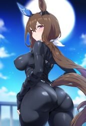 admire_vega_(umamusume) ai_generated animal_ears breasts brown_hair female half_ponytail horse_girl long_hair nipples_visible_through_clothing purple_eyes skin_tight skin_tight_suit umamusume umamusume_pretty_derby