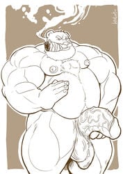 1boy anthro balls baralust bear belly big_balls big_belly big_muscles big_penis body_hair chest_hair cigar male male_only mammal musclegut muscular navel penis smoke smoking solo tagme