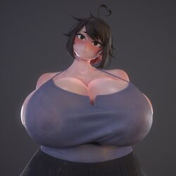 1girls 2022 3d 3d_(artwork) ahoge big_breasts black_hair blush cleavage curvy_figure gigantic_breasts grey_background head_tilt heart-shaped_ahoge huge_breasts hyper_breasts lili_(littlej/zi19191) littlej_(zi19191) oc original_character pale-skinned_female red_highlights shorts tank_top thick_thighs usukeninja viewed_from_below wide_hips