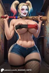 1girls ai_baddies ai_generated ai_hands alley alleyway areola areolae ass baseball_bat belly_button big_breasts blue_eyes breasts choker city city_background clown_girl clown_makeup collar commission curvy curvy_female curvy_figure curvy_hips dc dc_comics denim_shorts earrings erect_nipples erect_nipples_under_clothes female female_only fishnet_legwear fishnet_stockings fishnets fit_female harley_quinn high_resolution highres hoop_earrings hoop_earrings_oversized huge_breasts large_breasts light-skinned_female light_skin looking_at_viewer massive_breasts navel navel_piercing night nipples patreon patreon_logo patreon_url patreon_username thick_thighs thighs tubetop twintails two_tone_hair urban voluptuous voluptuous_female