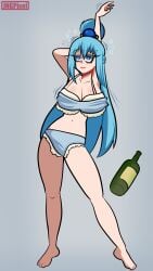 1girls aqua_(konosuba) big_breasts bikini blue_eyes blue_hair breasts drunk feet jngpixel kono_subarashii_sekai_ni_shukufuku_wo! solo standing stretching toes wine_bottle